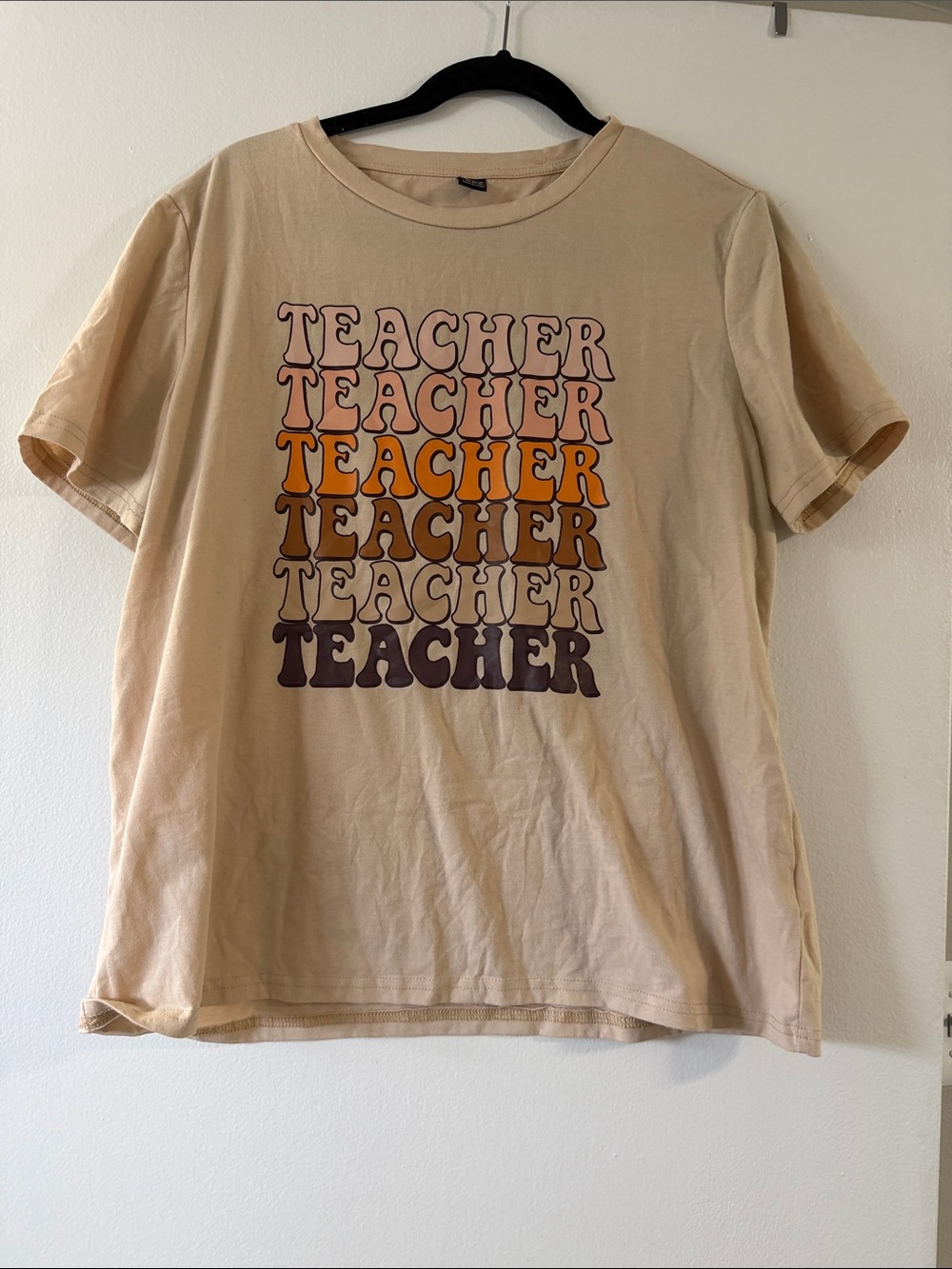 SHEIN Beige Graphic 'TEACHER' Short Sleeve Tee with Warm Tone Print